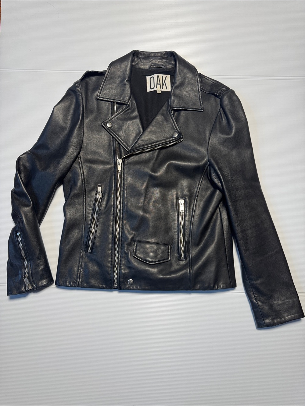 OAK NYC Biker Black Lambs Leather Moto Jacket Silver Details Women's Classic M